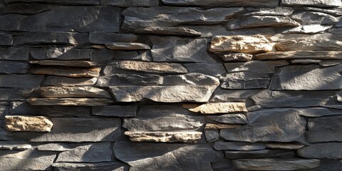 Fototapeta premium Natural stone wall facade features stacked rocks, creating a striking building design with deep shadows cast by natural sunlight, enhancing the texture of the stone wall beautifully.