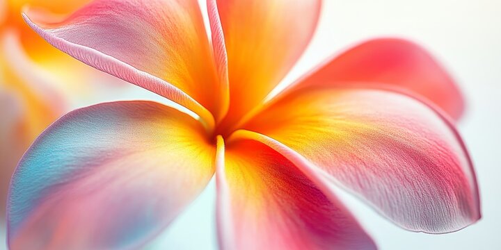 Close up of a frangipani flower Plumeria featuring intricate details, set against a white background. This frangipani flower highlights its vibrant colors and delicate petals through selective focus.