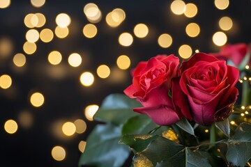 Two exquisite roses bloom in a delicate vase, illuminated by soft, twinkling lights that create a romantic ambiance, perfect for Valentine's Day.