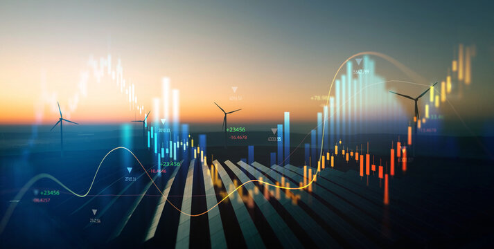 Rising electricity prices on world market chart graph. Green energy in full development being most natural way. Increasing amount of green and solar energy