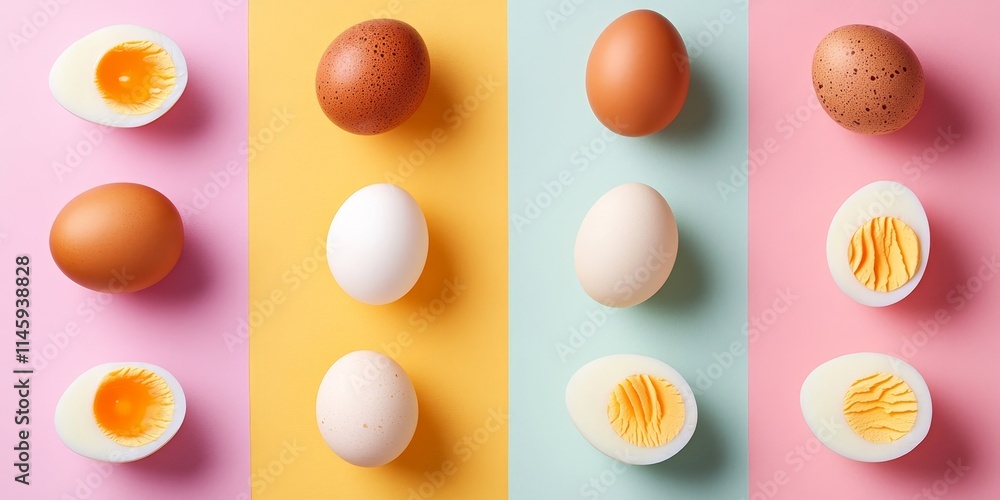 Poster beige boiled eggs displayed on a variety of multicolored backgrounds create an inviting and visually