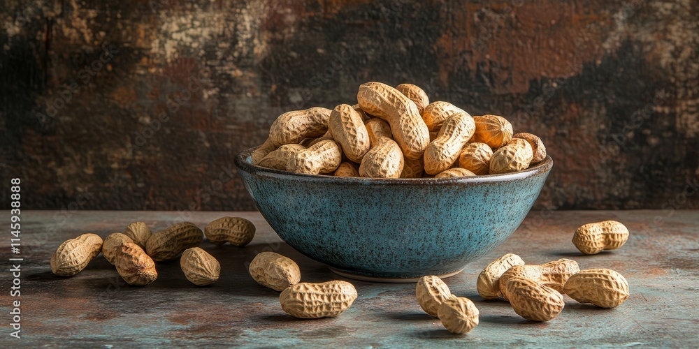 Poster peanuts arranged in a bowl on a rustic background create a visually appealing display of peanuts, hi