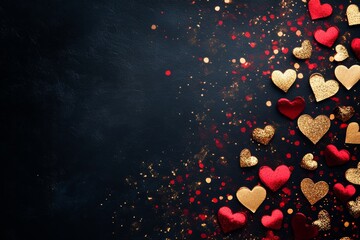 A cascade of vibrant hearts adorns a dark canvas, creating a striking contrast that celebrates love and passion in a whimsical display.