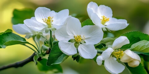 Obraz premium Closeup of a blooming white apple flowers branch showcasing delicate petals and vibrant growth, highlighting the beauty of apple flowers in full bloom, perfect for nature enthusiasts.