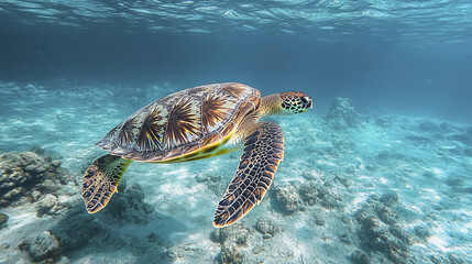 Fototapeta premium vibrant sea turtle gracefully swimming through clear blue water