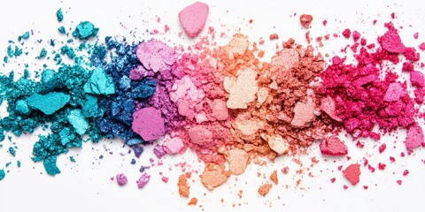 Obraz premium Crushed eyeshadow scattered on a clean white background, showcasing vibrant colors and textures of crushed eyeshadow. Ideal representation of beauty and makeup with crushed eyeshadow elements.