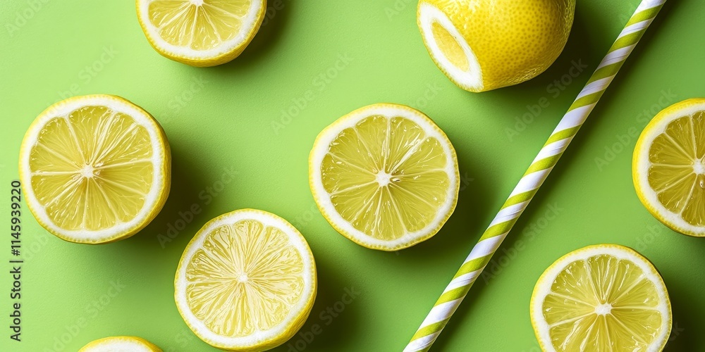 Poster slices of lemon arranged on a vibrant green background alongside two striped straws, creating a refr