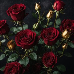 A romantic bouquet of deep red roses with gold accents against a dark black background.