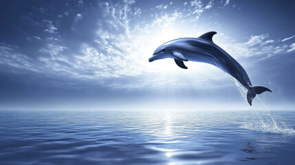 dolphin gracefully leaps out of water under bright sky