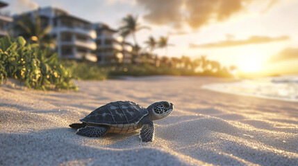 sea turtle hatchling emerging from sand at sunset, exploring its new world