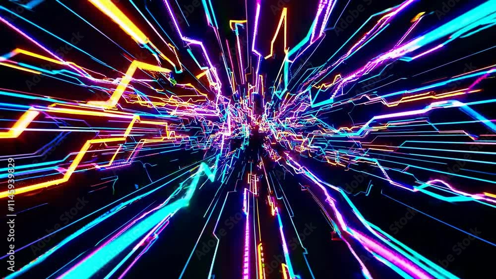 Poster vibrant abstract light trails creating dynamic visual bursts and energy flows.