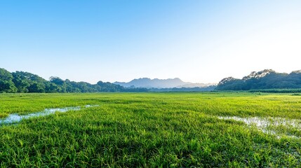 Serene sunrise over vast green paddy field and distant mountains.