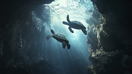Fototapeta premium Swimming sea turtles glide gracefully through underwater caves