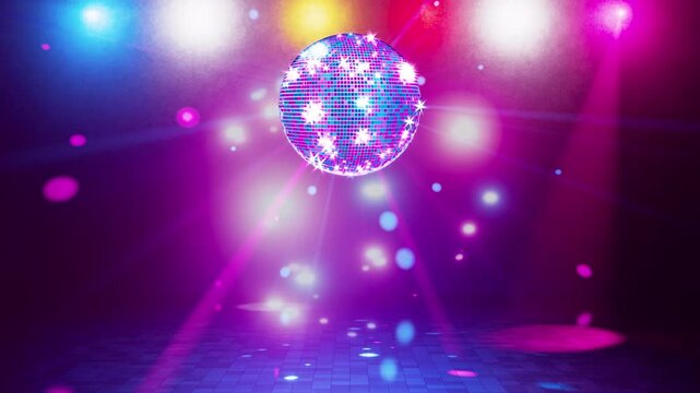 Retro animation. Disco style. Bright lights. Light music. Looping 3D animation of disco ball rotation. Smooth rotation of disco ball with glare on mirrors.