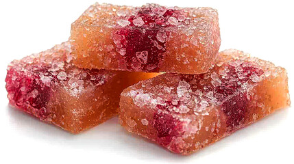 Three translucent amber fruit jellies with red centers and sugar crystals.