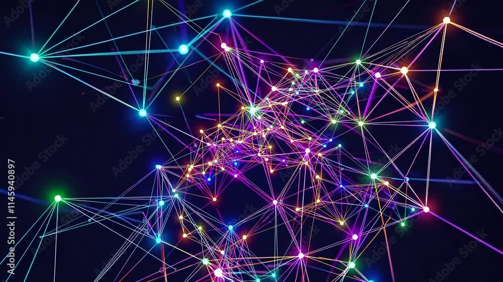 Poster abstract digital network with vibrant lights and connections in dark space.