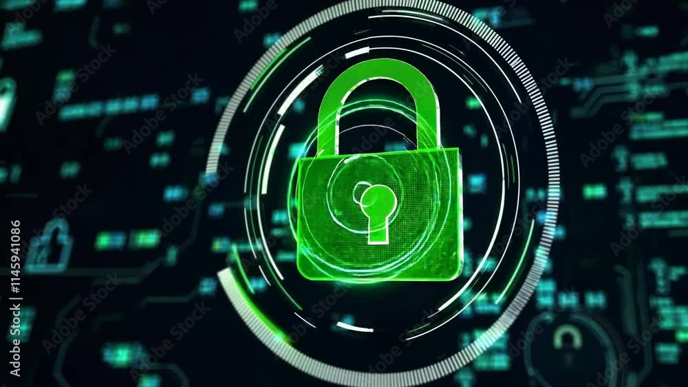 Aufkleber visual representation of digital security with a green padlock on a technology backdrop.