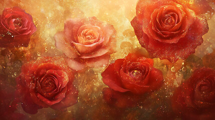 Golden Hour Roses:  A captivating image of five lush, dew-kissed red roses, bathed in warm, golden light, creating a luxurious and romantic atmosphere.