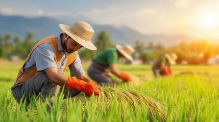 Farmers in straw hats and gloves harvesting ripe rice bundles in a lush green field under warm sunlight.