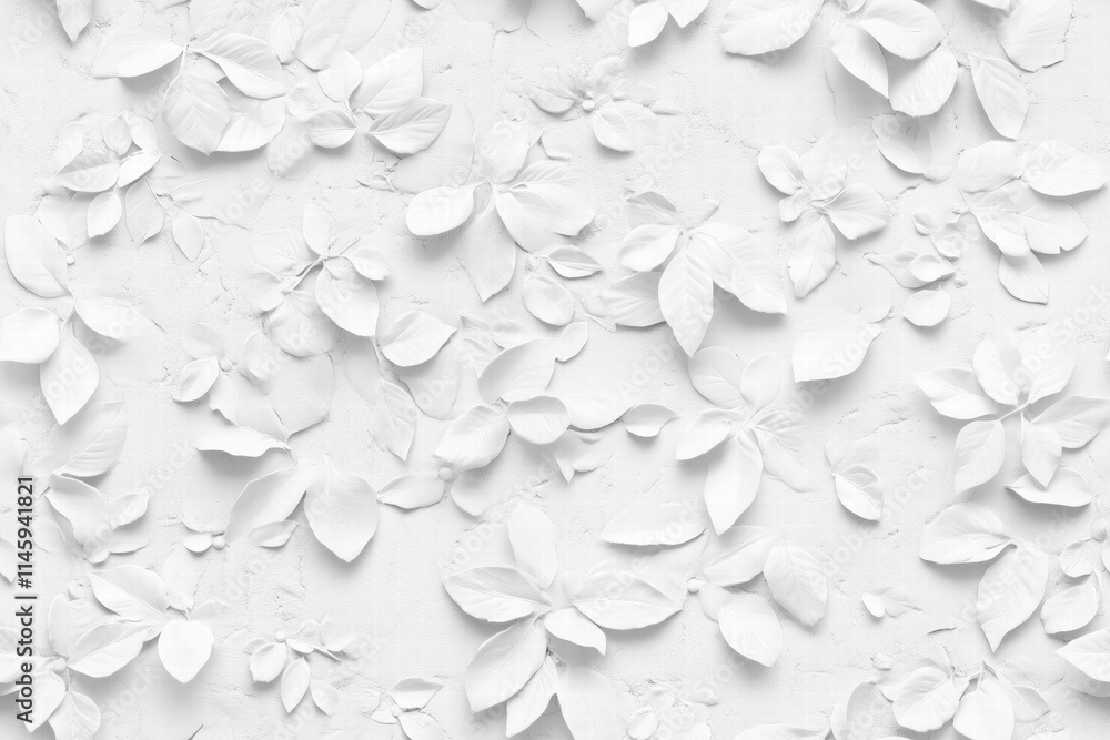 Poster seamless textured white background featuring an arrangement of various white leaves and flowers, cre