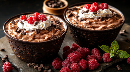 Two bowls of chocolate mousse topped with whipped cream and raspberries.