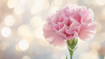 Fototapeta premium A single pink carnation with soft bokeh lights in the background, close-up shot, Dreamy style