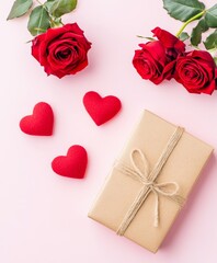 Two enchanting red roses rest beside a beautifully wrapped gift adorned with a delicate bow and a charming heart, perfect for expressing love on Valentine's Day.