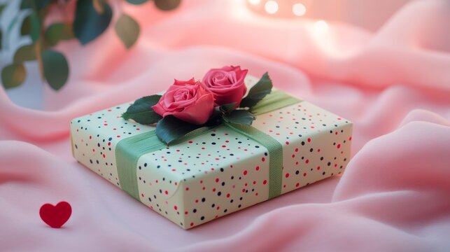 A charming gift box adorned with two delicate roses, embodying love and affection for Valentine's Day celebrations.