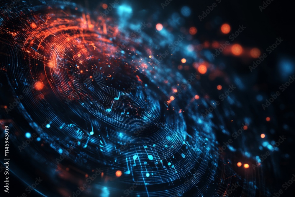 Poster musical notes flowing in digital cyberspace, creating a futuristic and artistic representation of mu