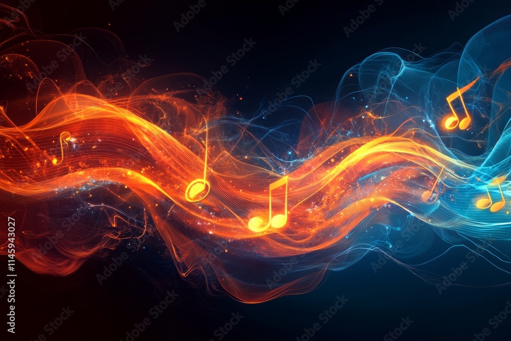 Poster musical notes flowing on colorful and vibrant abstract waves, creating a dynamic and energetic visua