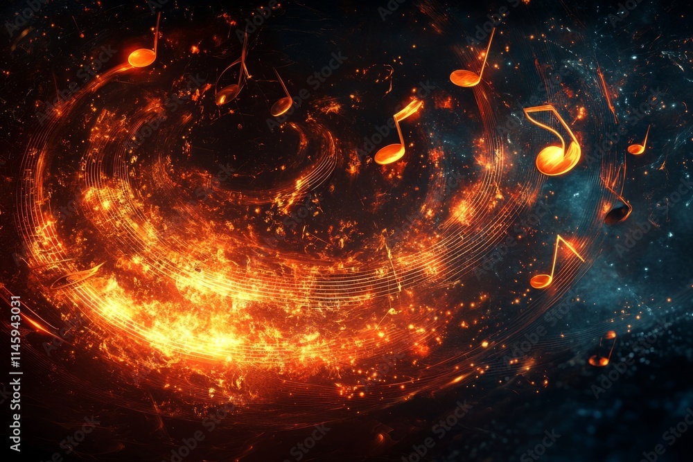 Poster golden music notes rotating in a fiery vortex of energy in a cosmic galaxy, creating a vibrant and e