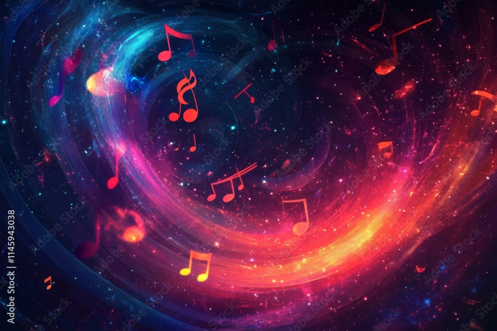 Poster musical notes are floating in a colorful and vibrant cosmic swirl, creating a beautiful and abstract