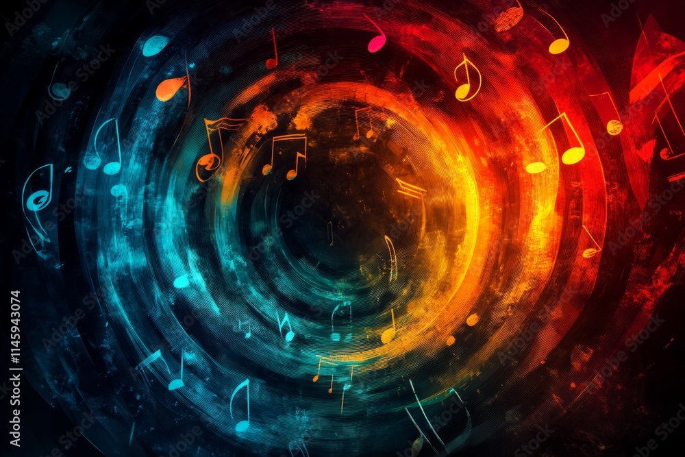 Poster musical notes dance in a colorful vortex, blending sound and light in a dynamic visual symphony