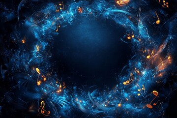 Abstract background featuring golden musical notes dancing on a blue swirling ethereal background, creating a vibrant and captivating visual with copy space
