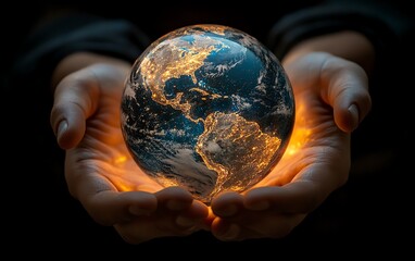 Fototapeta premium Two hands holding a luminous, networked digital globe, embodying the concepts of global collaboration, technological advancement, and shared future responsibility