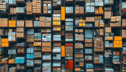 Vast industrial warehouse with towering shelves packed with boxes, illustrating organized logistics and streamlined storage in a distribution center