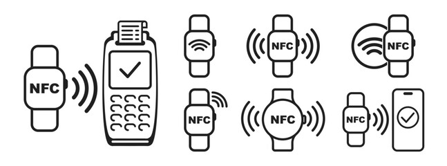 NFC concept icon set. Contactless payment. Watch tap pay. Contactless pay pass fast payment symbol