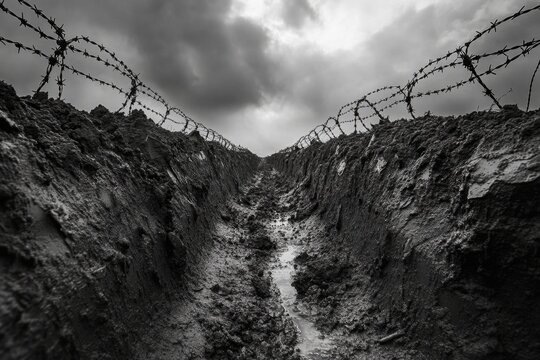 Evocative black and white image of a muddy trench with barbed wire under a dark and cloudy sky, reminiscent of a world war one battlefield