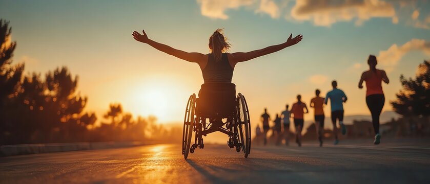 A determined female athlete in a wheelchair crossing the finish line with arms raised in triumph at sunset, surrounded by runners, symbolizing resilience and inclusion