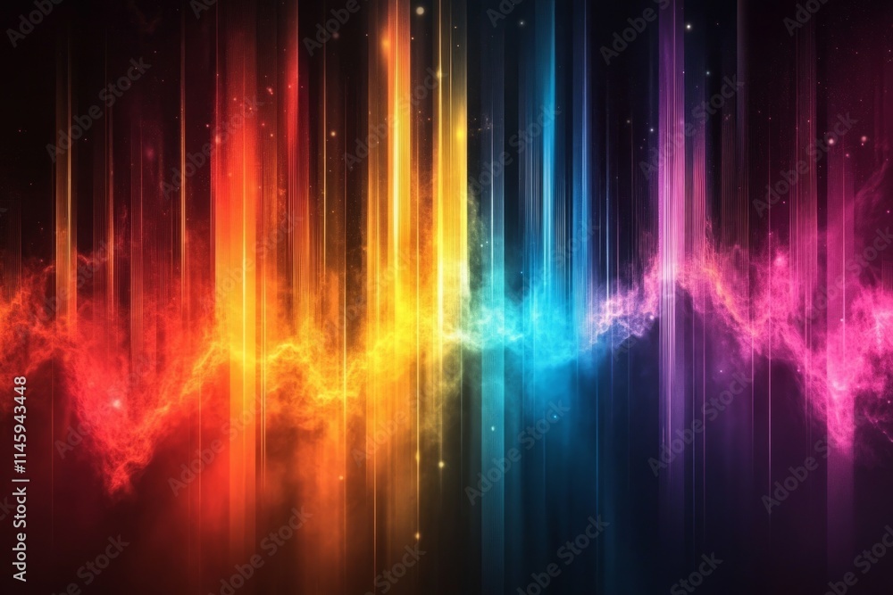 Poster bright vertical beams of light are illuminating colorful nebula clouds in deep space