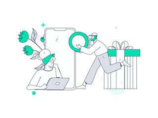 Use red envelopes to attract new customers and promote activity. Flat vector character concept illustration
