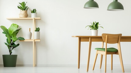 Fototapeta premium Minimalist home interior with plants and wooden furniture in a bright space