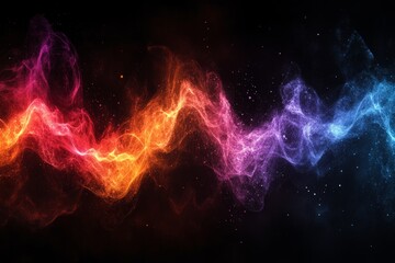 Abstract colorful plasma energy wave flowing on black background with glitter particles