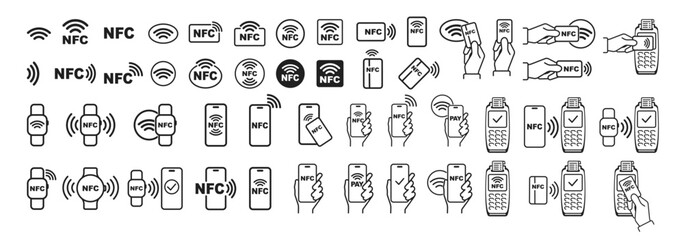 NFC technology. Contactless wireless pay sign logo. NFC concept icon set. Contactless payment isolated on transparent background