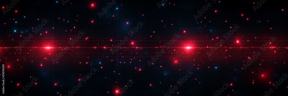Poster red and blue particles flowing and glowing through a digital space grid creating a futuristic techno