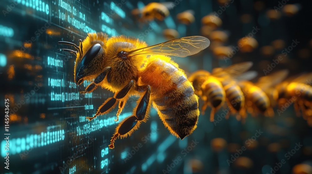 Poster digital bees: a swarm of honeybees navigating a futuristic datascape