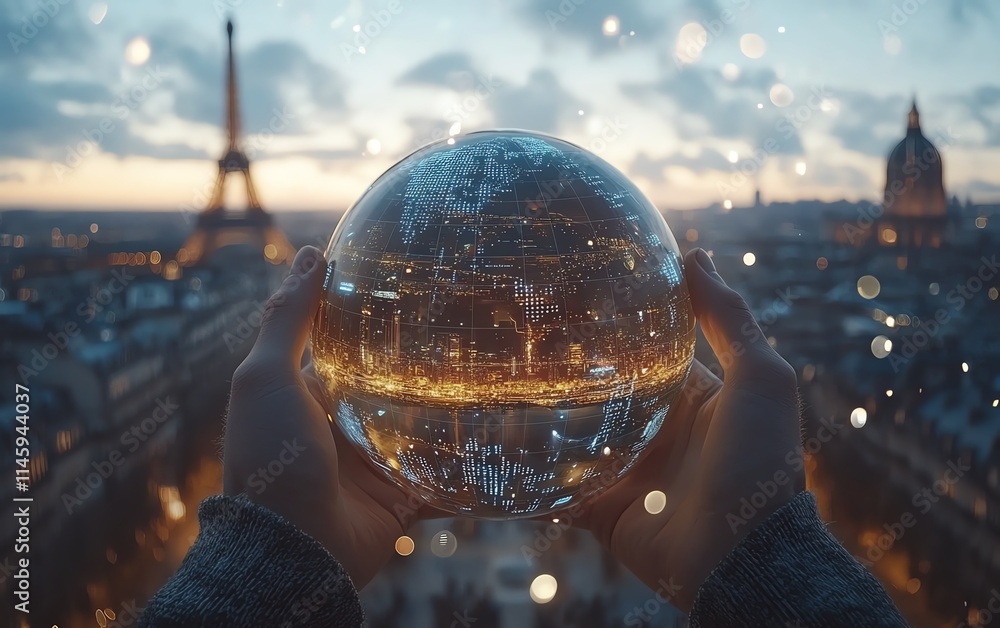 Aufkleber digital globe held by hands, surrounded by futuristic holograms and data visuals, representing globa
