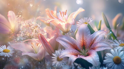 Floral Enchantment: A captivating image of delicate lilies and daisies bathed in ethereal light, their petals glistening with dew drops.