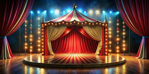 3D Render Circus Stage Podium Background: Red Curtain, Carnival Lights, Rule of Thirds