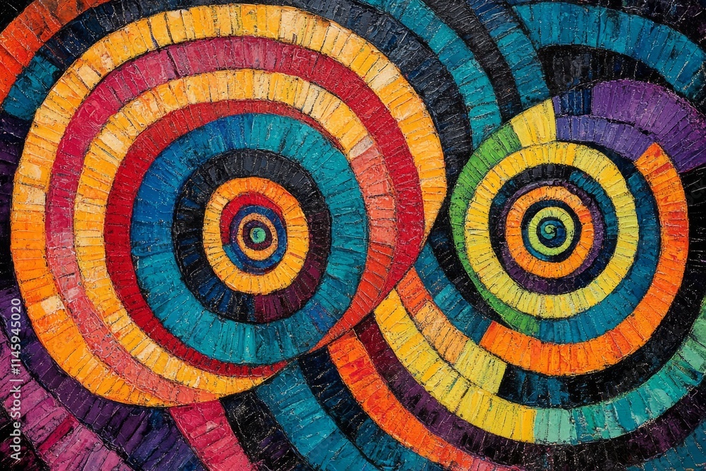 Poster abstract mosaic artwork forming overlapping concentric circles and spirals with a vibrant and colorf